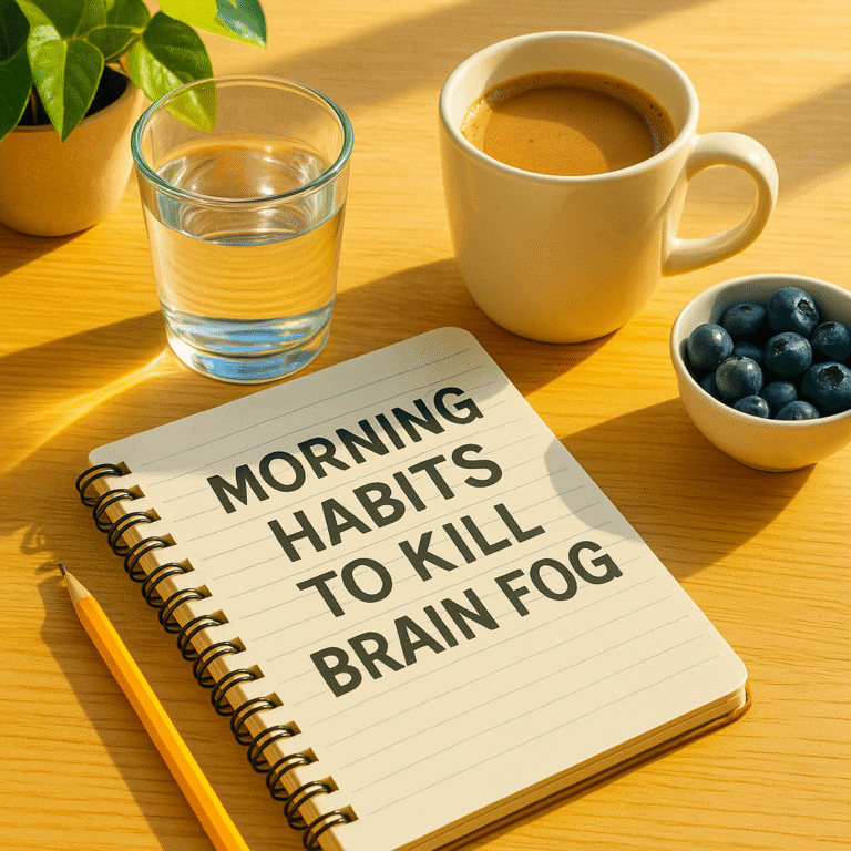 Morning habits to kill brain fog – water, coffee, notebook and fruit in sunrise light