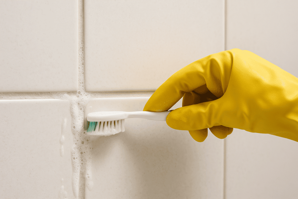 Hand in yellow glove scrubbing bathroom grout with toothbrush and natural paste—how to clean grout without chemicals.