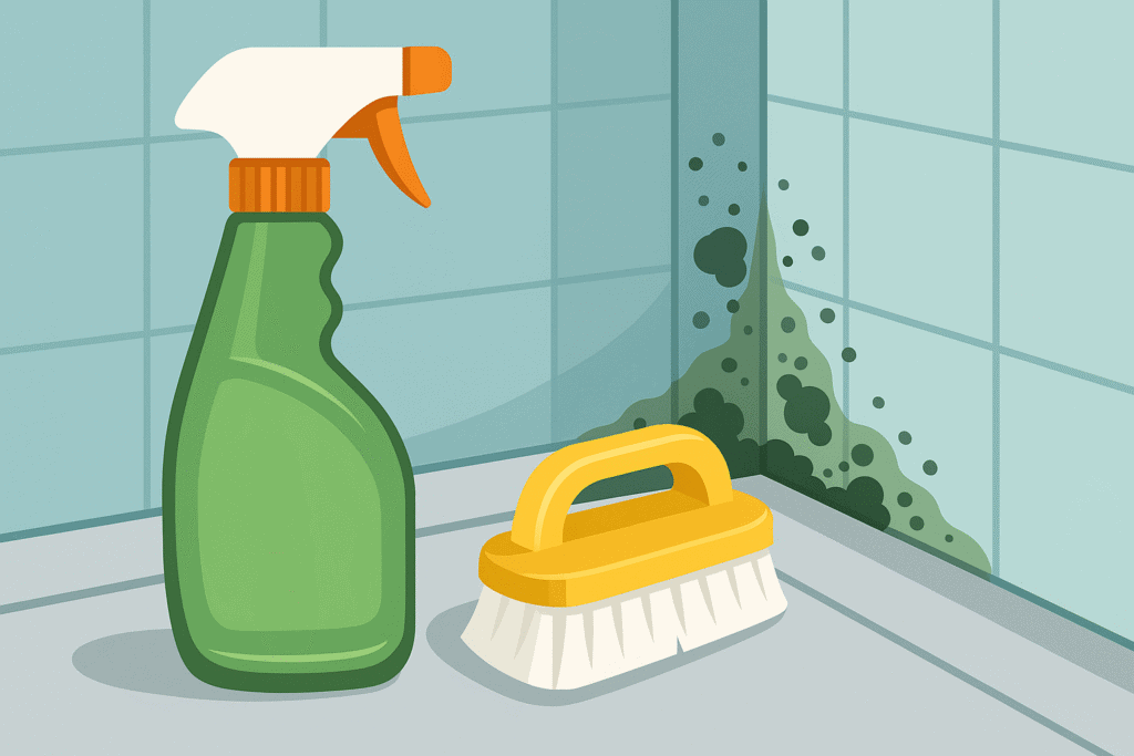 Spray bottle and scrub brush beside moldy bathroom corner