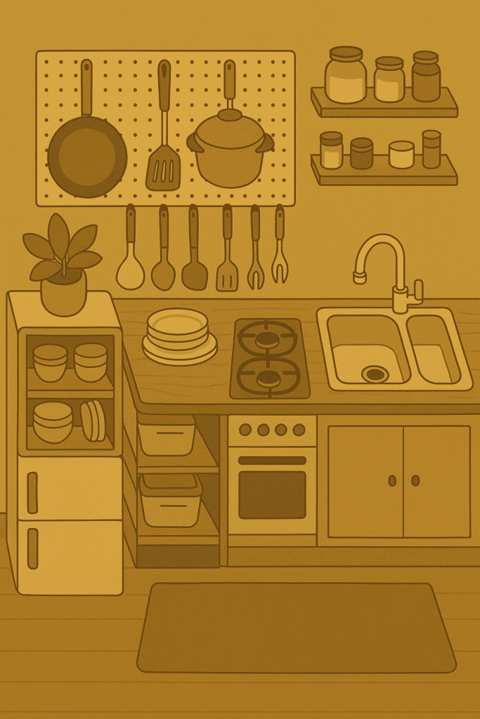 Top-down view of neatly organized tiny kitchen with vertical storage